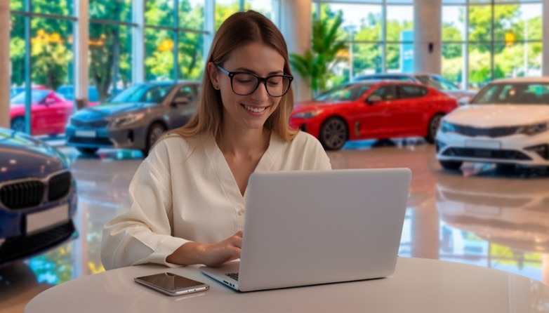 Profissional usando laptop em showroom de veículos, com endereço de e-mail corporativo no domínio da revenda