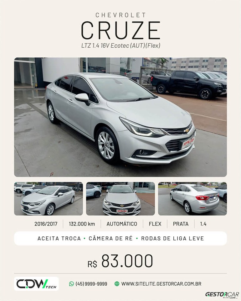 Modelo de post GestorCar — Chevrolet Cruze, tema escuro com faixa verde