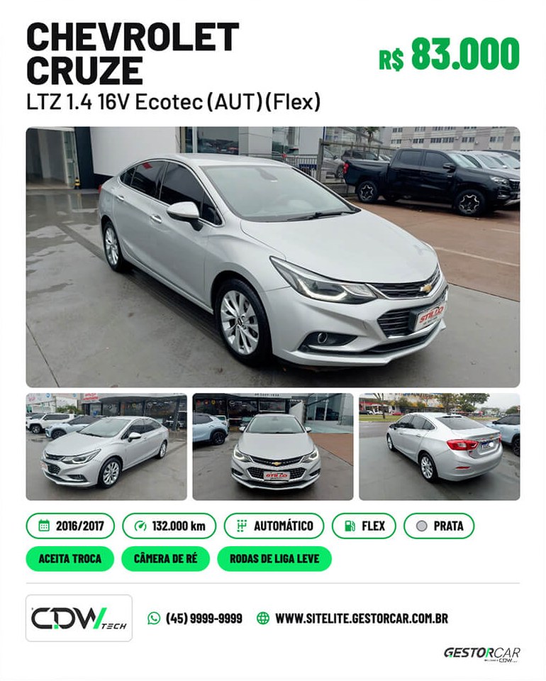Modelo de post GestorCar — Chevrolet Cruze, tema escuro com faixa verde